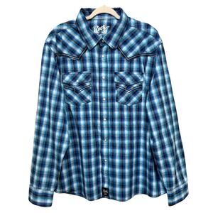 Wrangler Rock 47 Men’s Western Pearl Snap Shirt XXL Blue Plaid Long Sleeve EUC